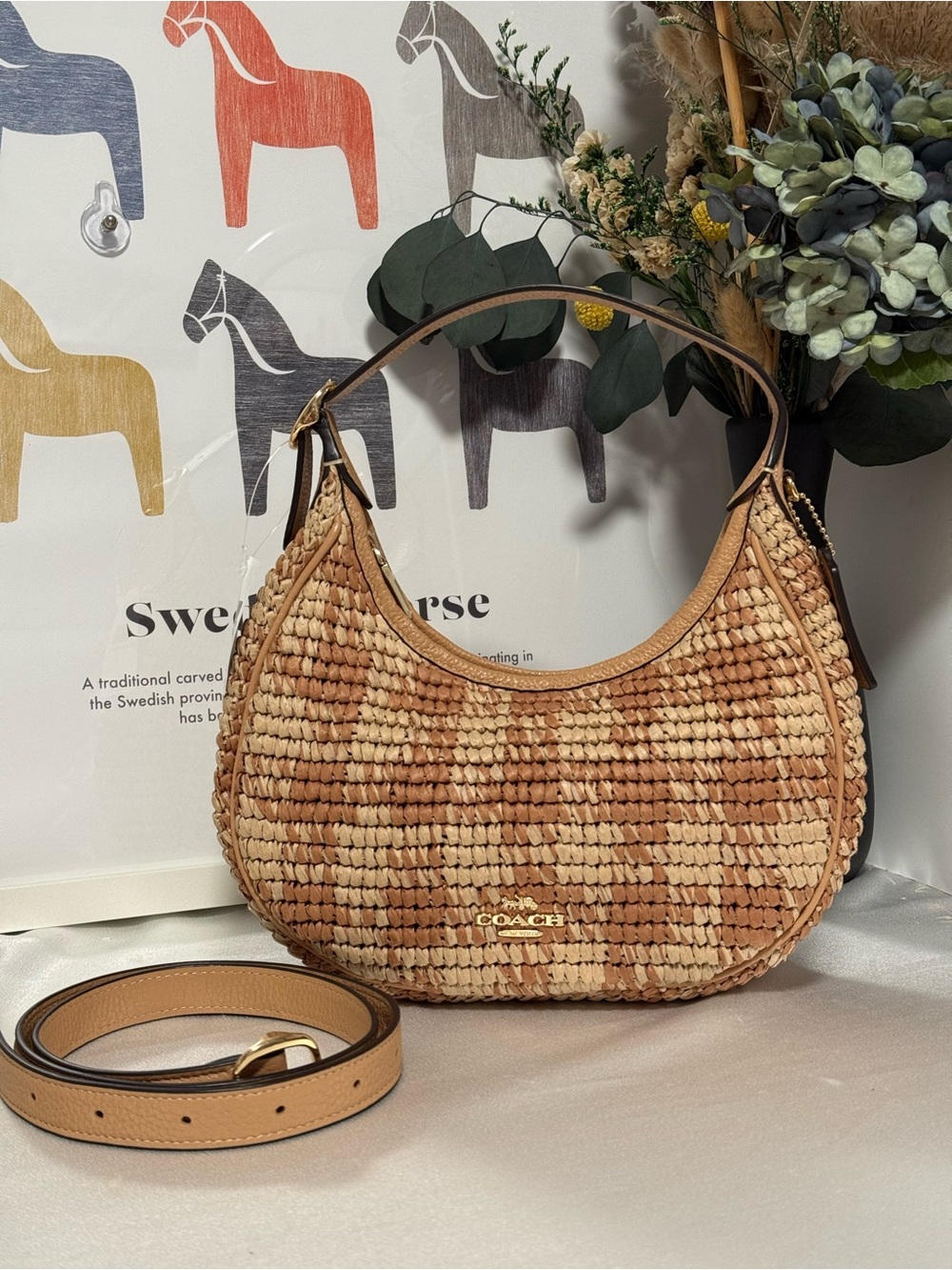 Coach Emily Straw Shoulder Bag with Gingham Print Gold Tan Leather CEN02